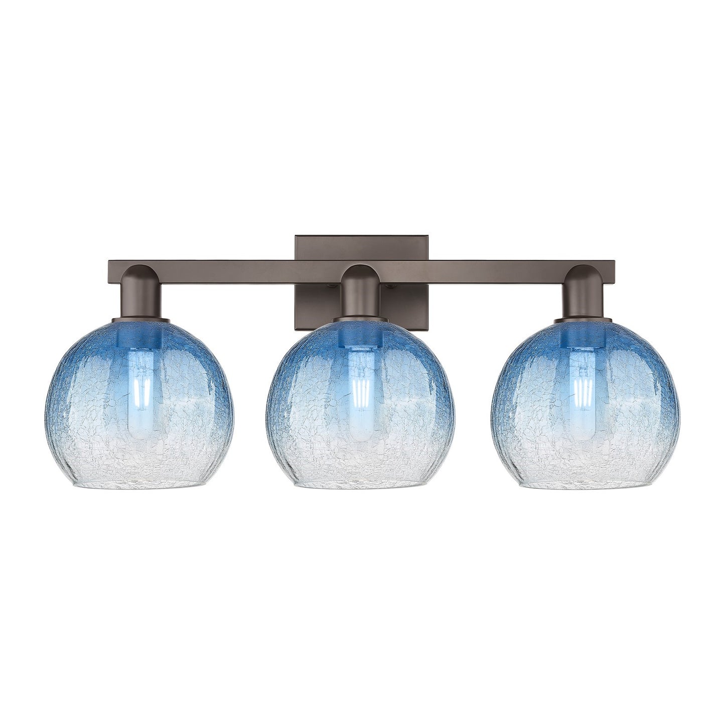 Innovations Brookhaven Globe 27in 3-Light Bath Vanity Light | Industrial Oil Rubbed Bronze Steel and Sapphire Blue Glass | Model 716-3W-OB-G483-8SB