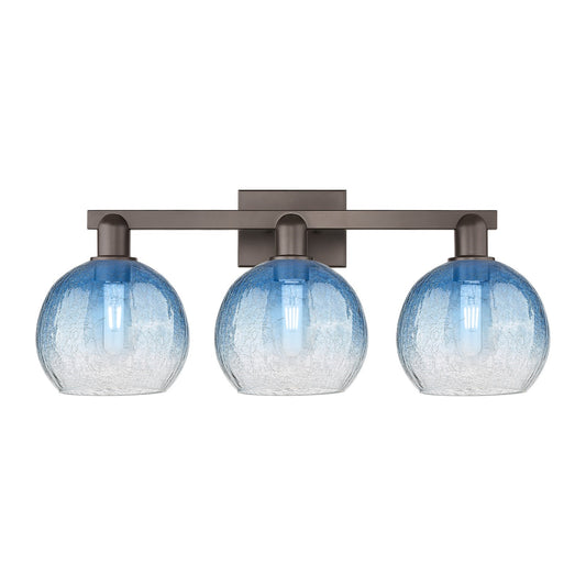 Innovations Brookhaven Globe 27in 3-Light Bath Vanity Light | Industrial Oil Rubbed Bronze Steel and Sapphire Blue Glass | Model 716-3W-OB-G483-8SB