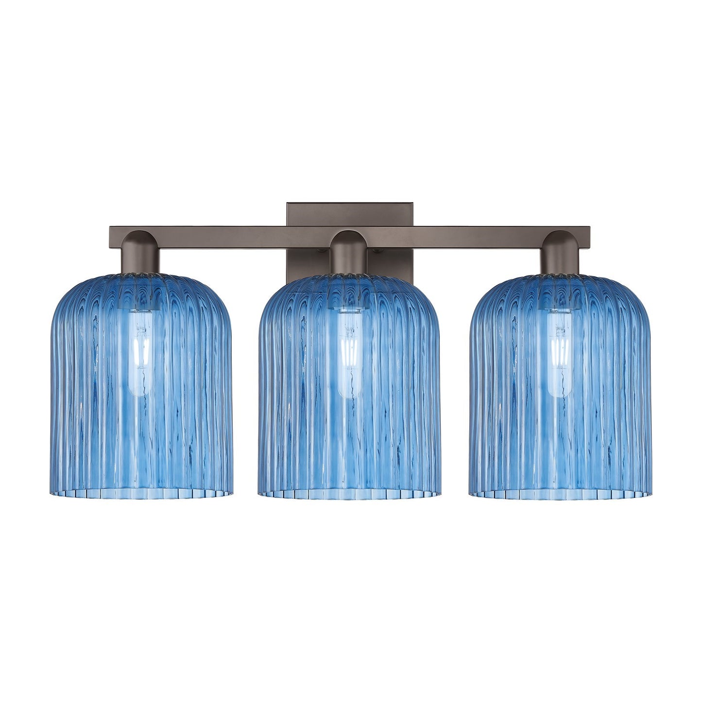 Innovations Bridal Veil 27in 3-Light Bath Vanity Light | Industrial Oil Rubbed Bronze Steel and Princess Blue Ribbed Glass | Model 716-3W-OB-G559-8BL