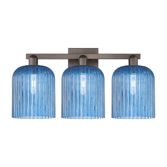 Innovations Bridal Veil 27in 3-Light Bath Vanity Light | Industrial Oil Rubbed Bronze Steel and Princess Blue Ribbed Glass | Model 716-3W-OB-G559-8BL