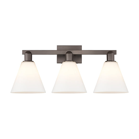 Innovations Berkshire Glass 26in 3-Light Bath Vanity | Industrial Oil Rubbed Bronze Steel and Matte White Glass | Damp Rated | Model 716-3W-OB-GBC-81