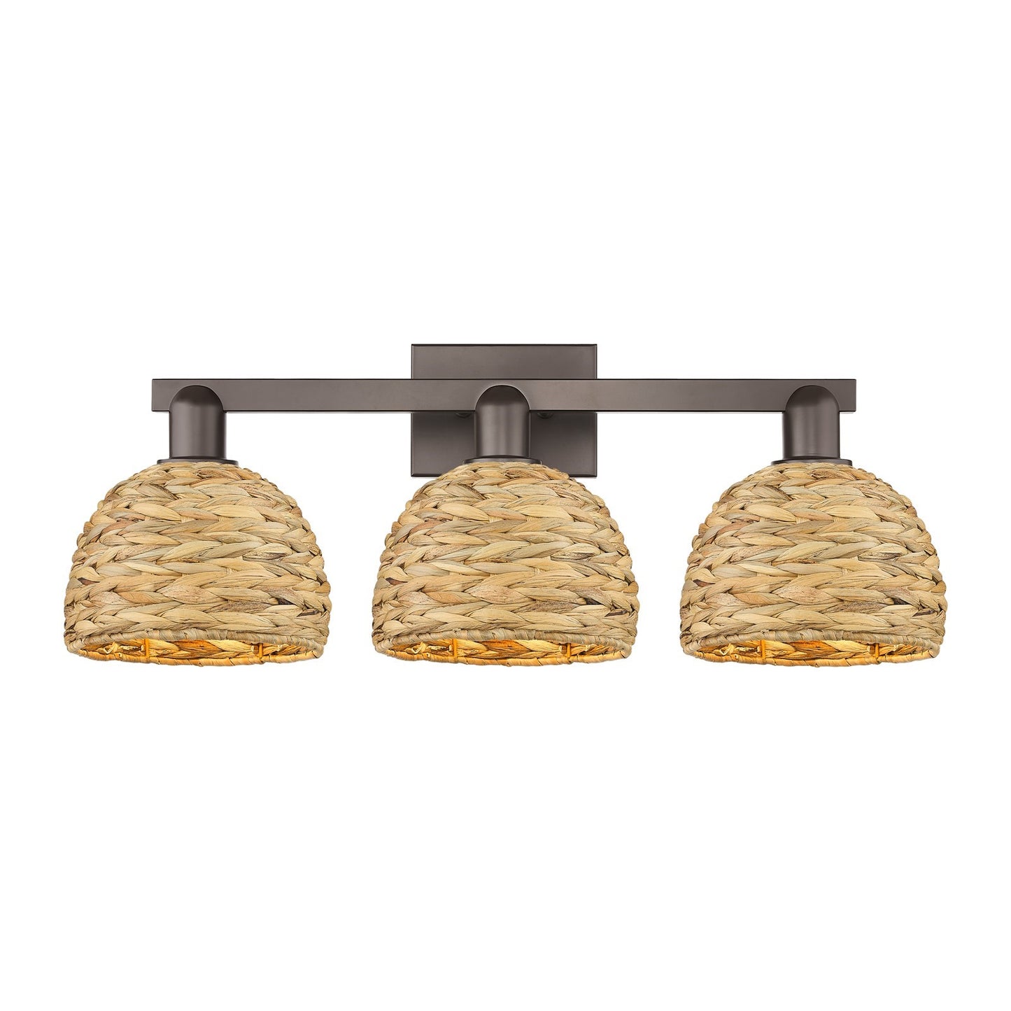 Innovations Woven Rattan 27in 3-Light Bath Vanity Light | Industrial Oil Rubbed Bronze Steel and Natural Fiber Dome Shade | Model 716-3W-OB-RBD-8-NAT
