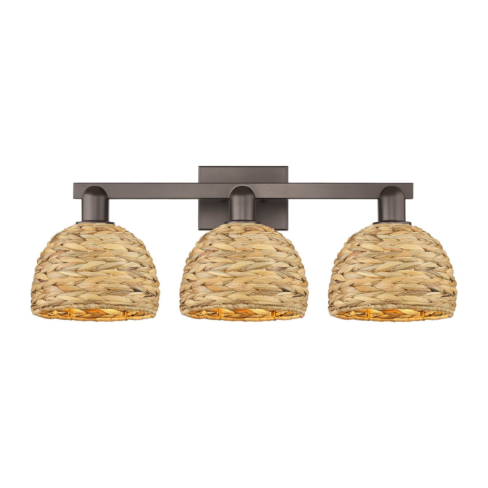 Innovations Woven Rattan 27in 3-Light Bath Vanity Light | Industrial Oil Rubbed Bronze Steel and Natural Fiber Dome Shade | Model 716-3W-OB-RBD-8-NAT