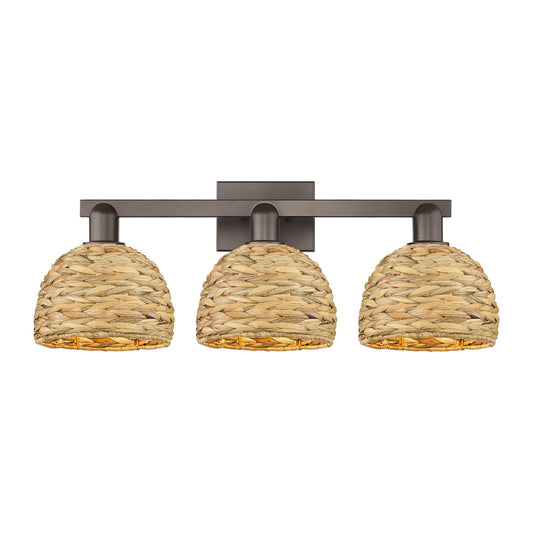 Innovations Woven Rattan 27in 3-Light Bath Vanity Light | Industrial Oil Rubbed Bronze Steel and Natural Fiber Dome Shade | Model 716-3W-OB-RBD-8-NAT