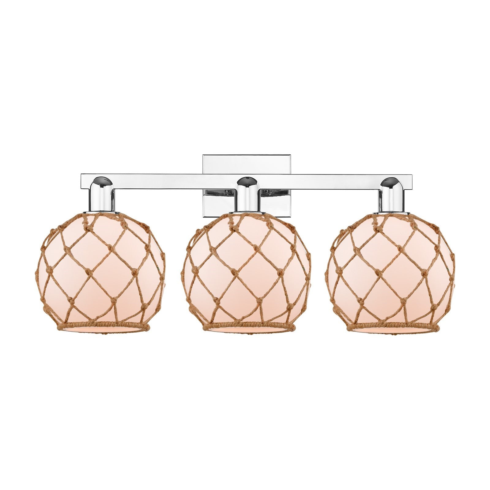 Innovations Farmhouse Rope 27in 3-Light Bath Vanity | Industrial Polished Chrome and White Glass with Brown Rope | Bathroom & | Model 716-3W-PC-G121-8RB