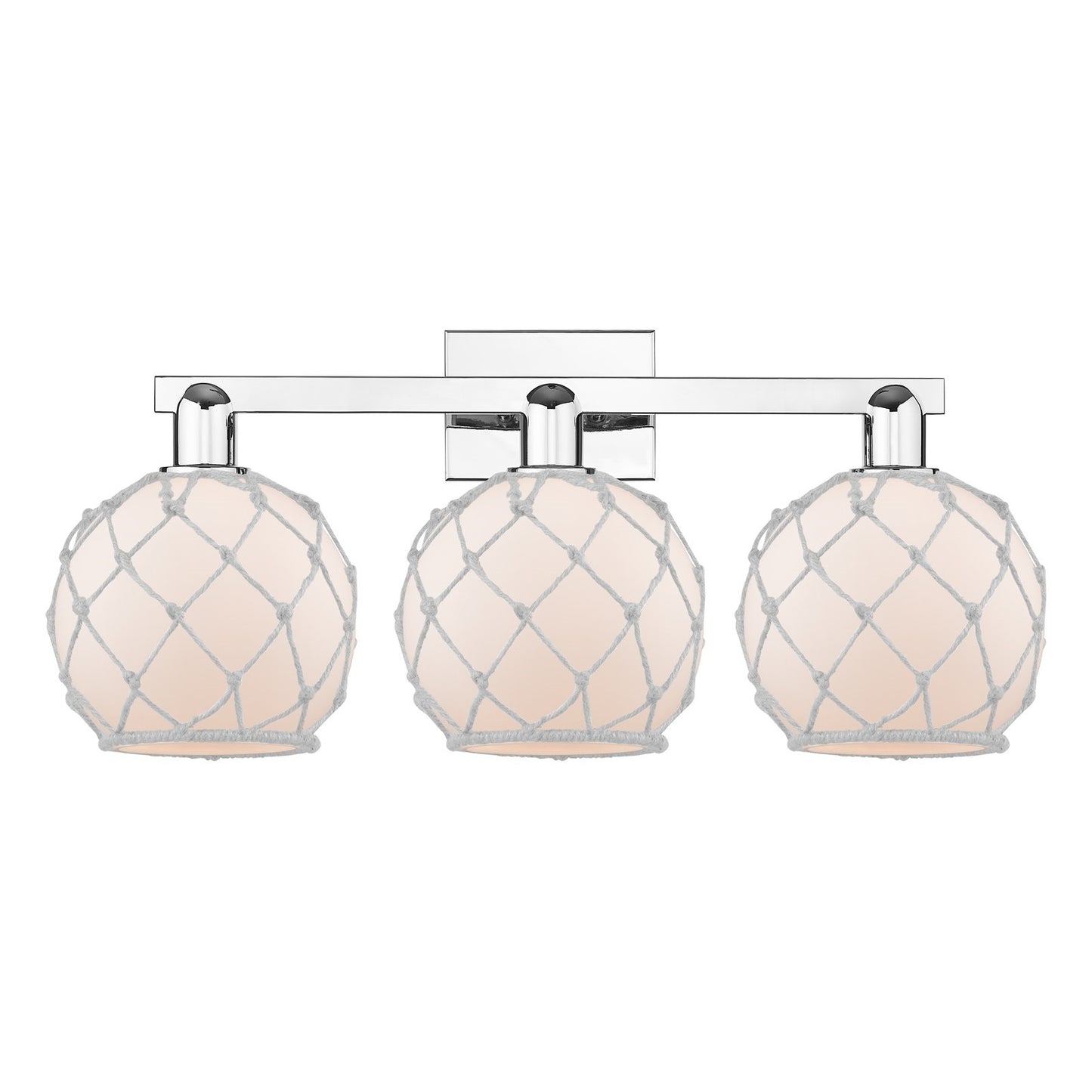 Innovations Farmhouse Rope 27in 3-Light Bath Vanity | Industrial Polished Chrome and White Frosted Glass with Rope | Bathroom & | Model 716-3W-PC-G121-8RW