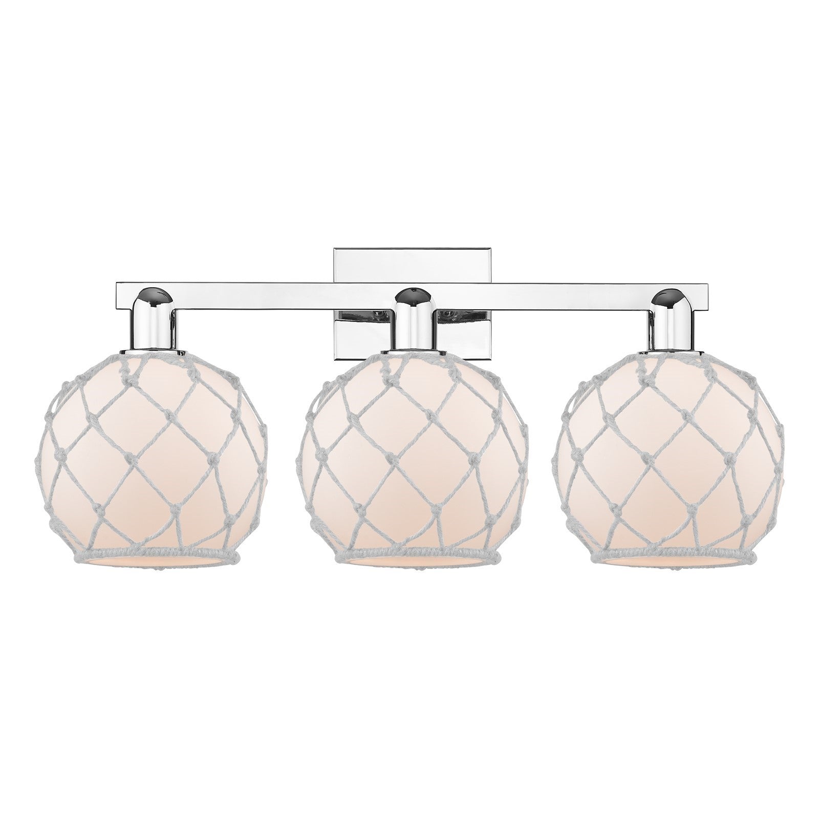 Innovations Farmhouse Rope 27in 3-Light Bath Vanity | Industrial Polished Chrome and White Frosted Glass with Rope | Bathroom & | Model 716-3W-PC-G121-8RW