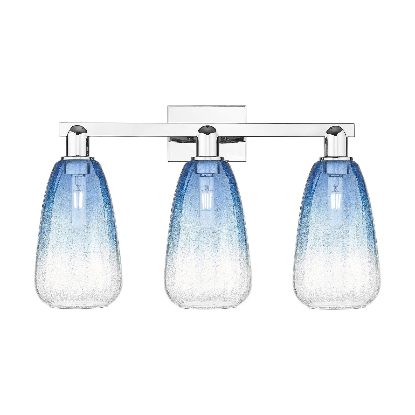 Innovations Brookhaven Almond 25in 3-Light Bath Vanity Light | Industrial Polished Chrome and Sapphire Blue Glass | Bathroom | Model 716-3W-PC-G480-6SB