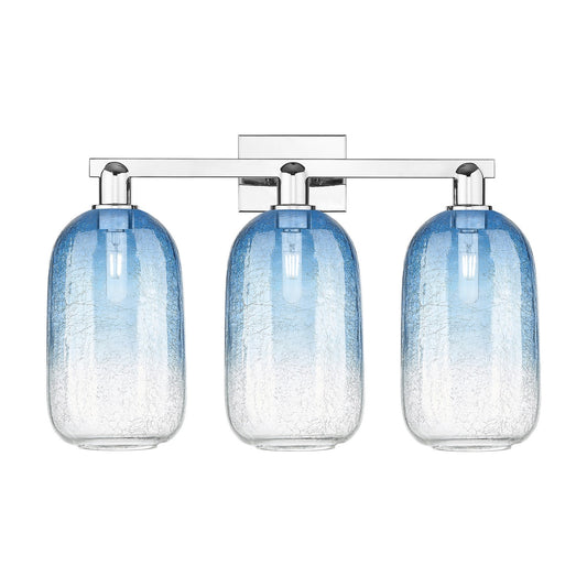 Innovations Brookhaven Cloche 26in 3-Light Bath Vanity Light | Industrial Polished Chrome and Sapphire Blue Glass | Bathroom | Model 716-3W-PC-G482-7SB