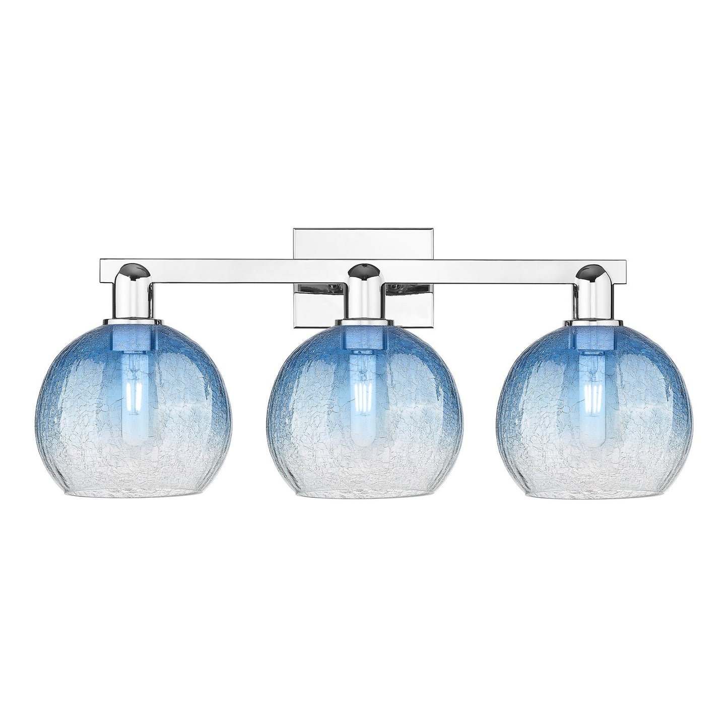 Innovations Brookhaven Globe 27in 3-Light Bath Vanity Light | Industrial Polished Chrome and Sapphire Blue Glass | Bathroom | Model 716-3W-PC-G483-8SB