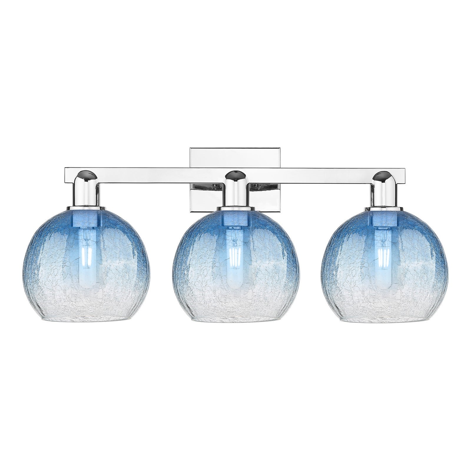 Innovations Brookhaven Globe 27in 3-Light Bath Vanity Light | Industrial Polished Chrome and Sapphire Blue Glass | Bathroom | Model 716-3W-PC-G483-8SB