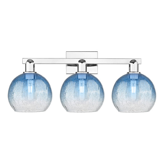 Innovations Brookhaven Globe 27in 3-Light Bath Vanity Light | Industrial Polished Chrome and Sapphire Blue Glass | Bathroom | Model 716-3W-PC-G483-8SB