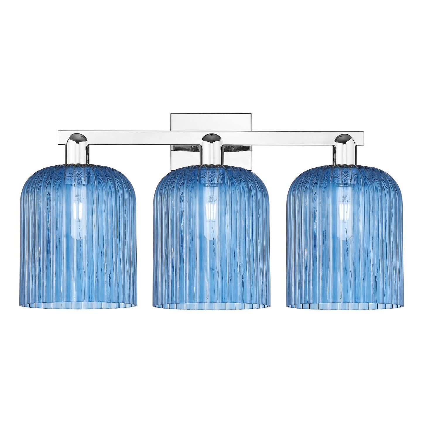 Innovations Bridal Veil 27in 3-Light Bath Vanity | Industrial Polished Chrome and Princess Blue Ribbed Glass | Bathroom Vanity | Model 716-3W-PC-G559-8BL