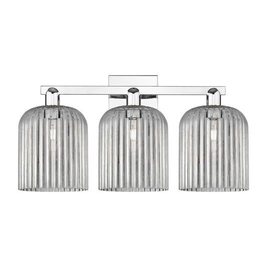 Innovations Bridal Veil 27in 3-Light Bath Vanity Light | Industrial Polished Chrome and Light Smoke Ribbed Glass | Bathroom | Model 716-3W-PC-G559-8SM