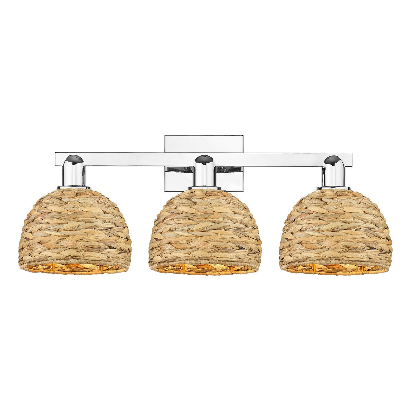 Innovations Woven Rattan 27in 3-Light Bath Vanity Light | Industrial Polished Chrome and Natural Fiber Shade | Bathroom Vanity | Model 716-3W-PC-RBD-8-NAT