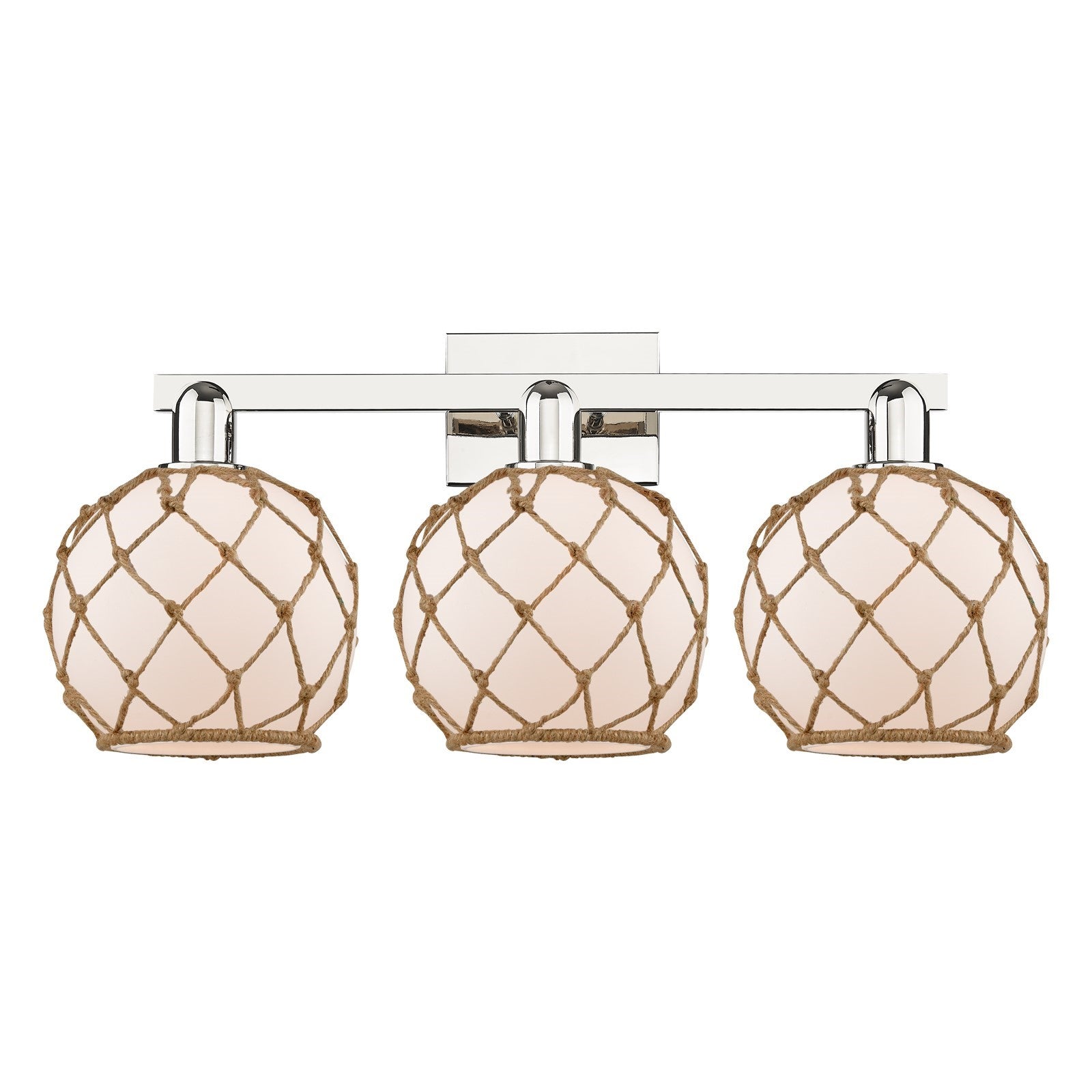 Innovations Farmhouse Rope 27in 3-Light Bath Vanity | Industrial Polished Nickel and White Frosted Glass with Brown Rope | Model 716-3W-PN-G121-8RB