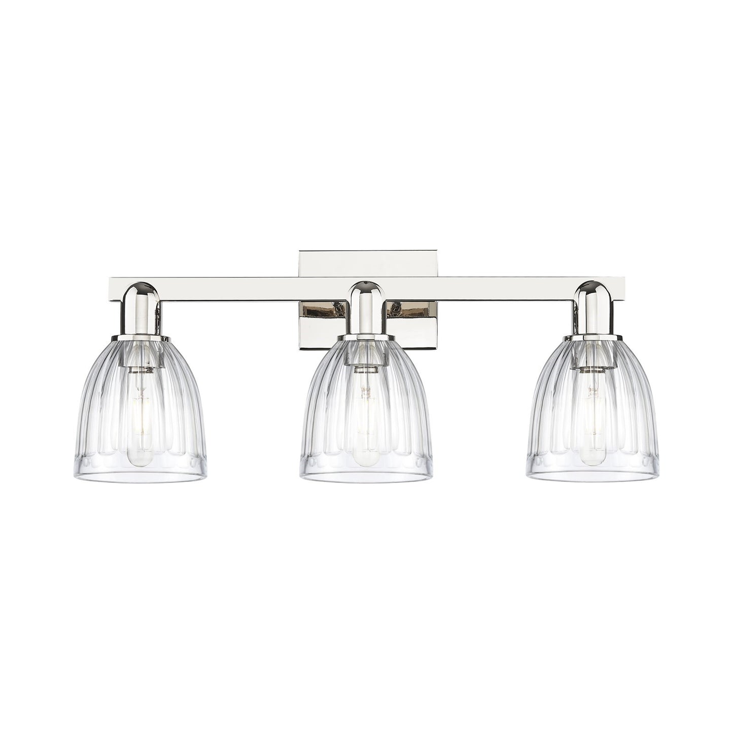 Innovations Brookfield 25in 3-Light Bath Vanity | Industrial Polished Nickel Steel and Clear Ribbed Glass | Bathroom Vanity Light | Model 716-3W-PN-G442