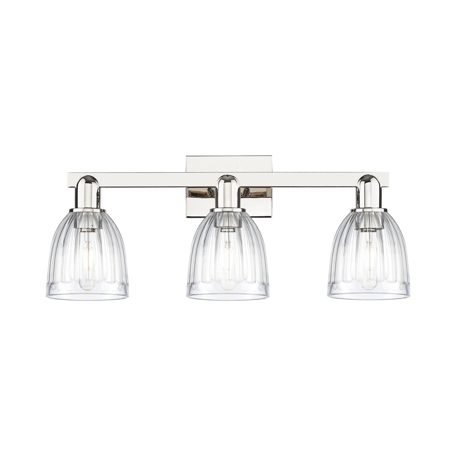 Innovations Brookfield 25in 3-Light Bath Vanity | Industrial Polished Nickel Steel and Clear Ribbed Glass | Bathroom Vanity Light | Model 716-3W-PN-G442