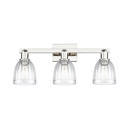 Innovations Brookfield 25in 3-Light Bath Vanity | Industrial Polished Nickel Steel and Clear Ribbed Glass | Bathroom Vanity Light | Model 716-3W-PN-G442