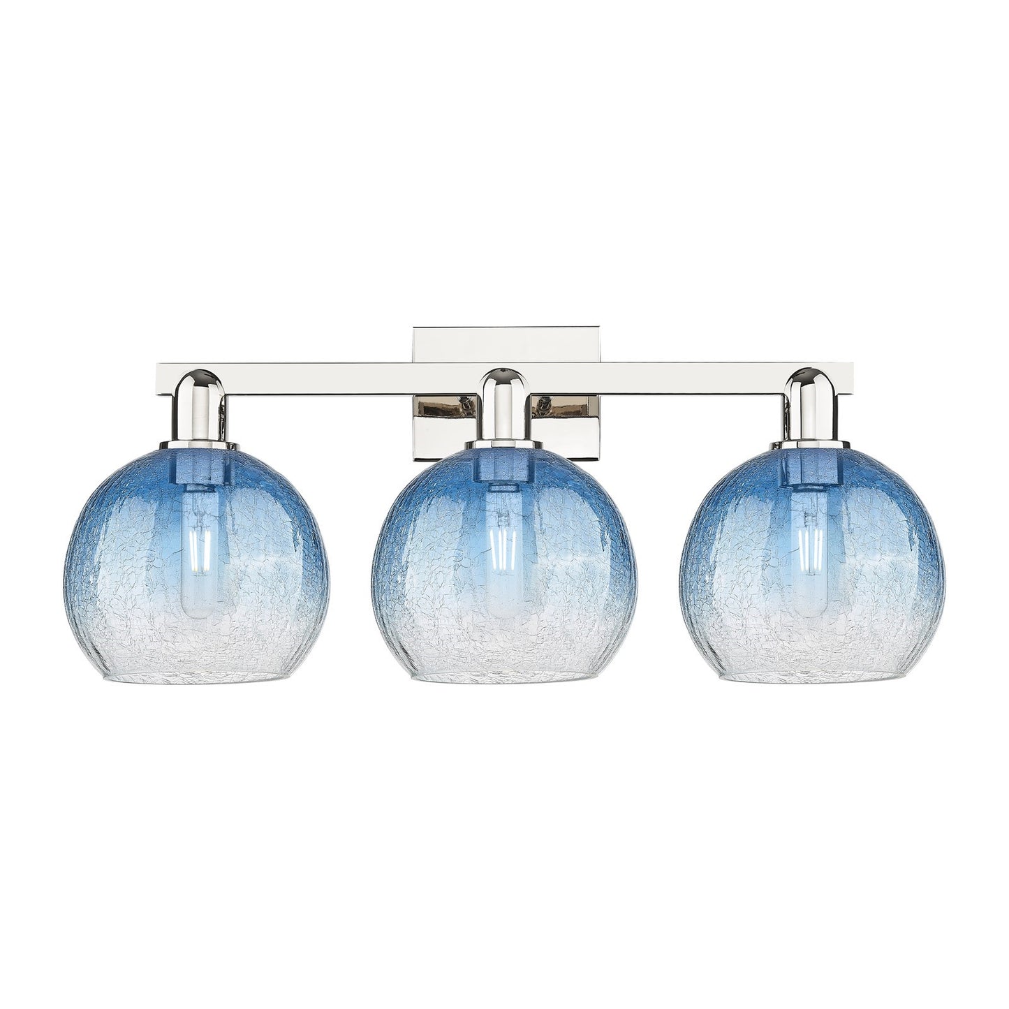 Innovations Brookhaven Globe 27in 3-Light Bath Vanity Light | Industrial Polished Nickel and Sapphire Blue Glass | Bathroom | Model 716-3W-PN-G483-8SB