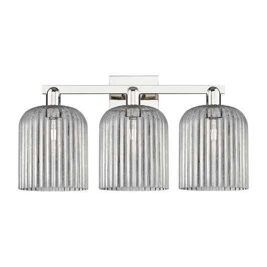 Innovations Bridal Veil 27in 3-Light Bath Vanity Light | Industrial Polished Nickel and Light Smoke Ribbed Glass | Bathroom | Model 716-3W-PN-G559-8SM