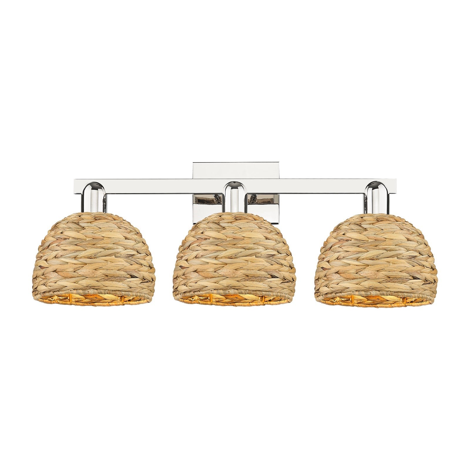 Innovations Woven Rattan 27in 3-Light Bath Vanity Light | Industrial Polished Nickel Steel and Natural Fiber Dome Shade | Model 716-3W-PN-RBD-8-NAT