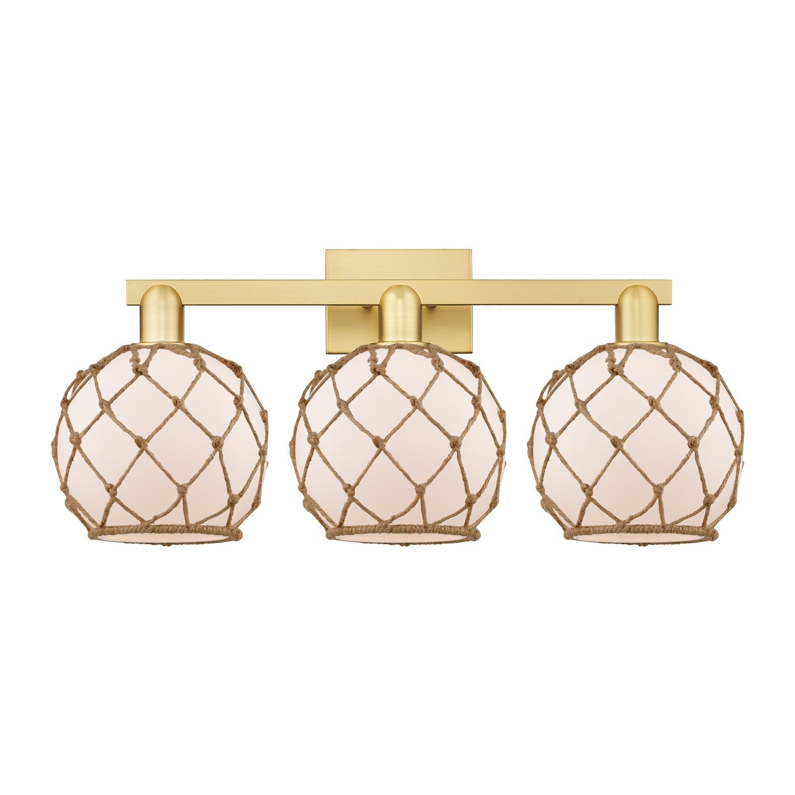 Innovations Farmhouse Rope 27in 3-Light Bath Vanity | Industrial Satin Gold Steel and Cast Brass with White Frosted Glass and | Model 716-3W-SG-G121-8RB