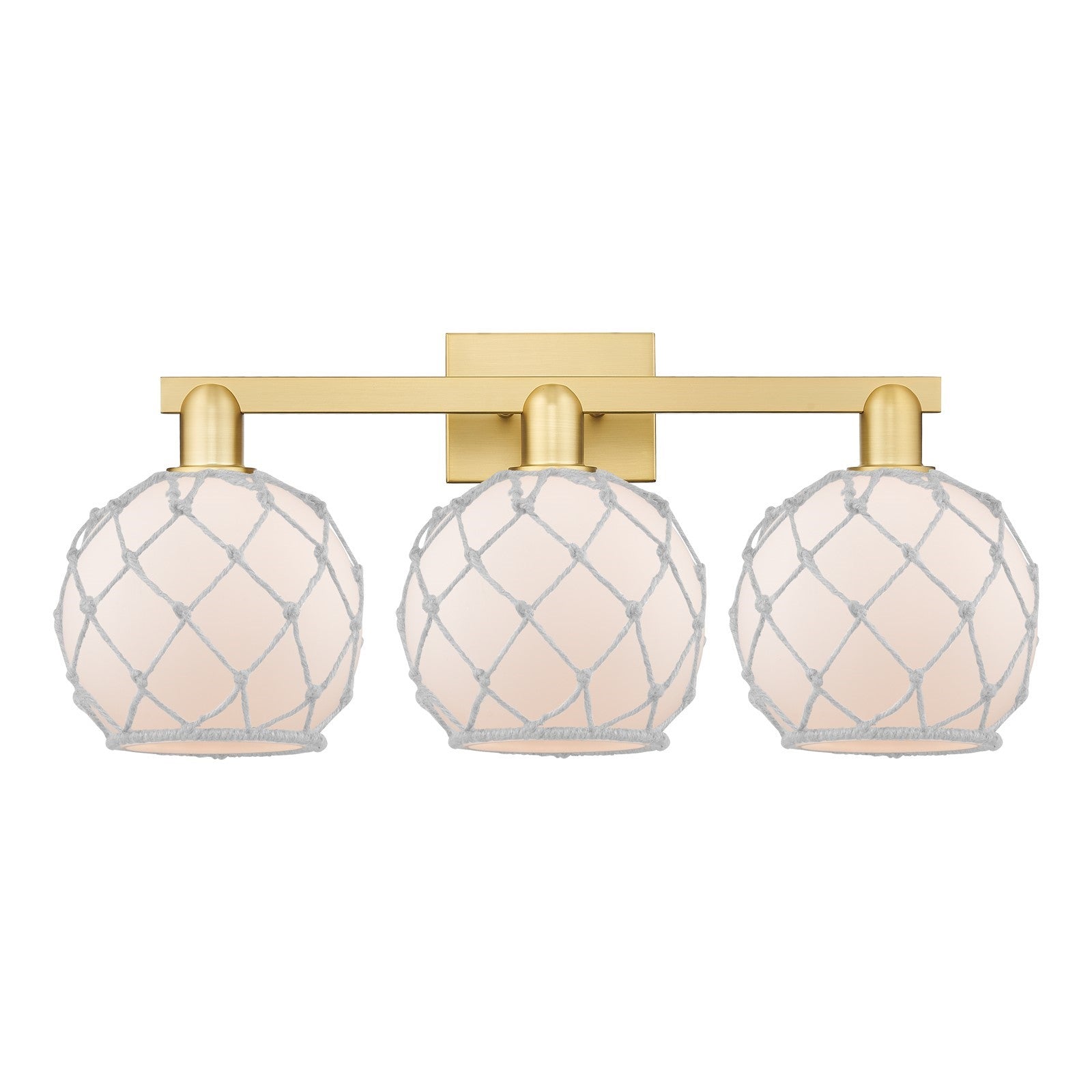Innovations Farmhouse Rope 27in 3-Light Bath Vanity | Industrial Satin Gold Steel and White Frosted Glass with Rope | Bathroom | Model 716-3W-SG-G121-8RW