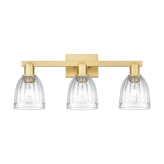 Innovations Brookfield 25in 3-Light Bath Vanity Light | Industrial Satin Gold Steel and Clear Ribbed Glass | Bathroom Vanity & | Model 716-3W-SG-G442