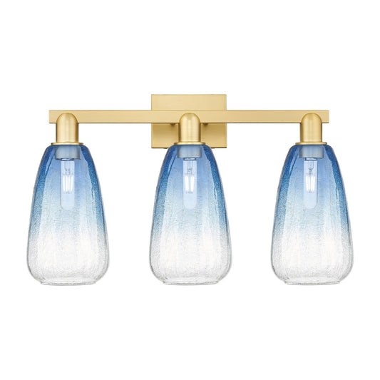Innovations Brookhaven Almond 25in 3-Light Bath Vanity Light | Industrial Satin Gold Steel and Sapphire Blue Glass | Bathroom | Model 716-3W-SG-G480-6SB