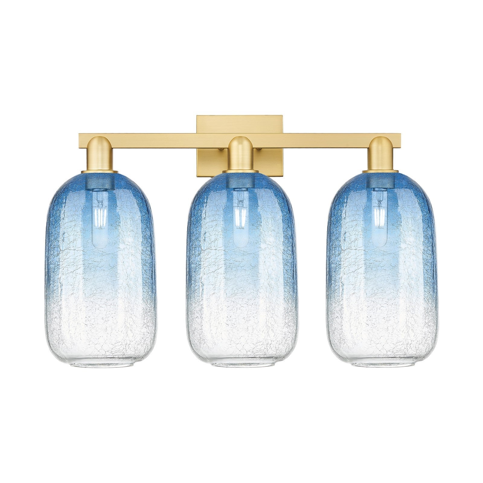 Innovations Brookhaven Cloche 26in 3-Light Bath Vanity | Industrial Satin Gold Steel and Cast Brass with Sapphire Blue Glass | Model 716-3W-SG-G482-7SB