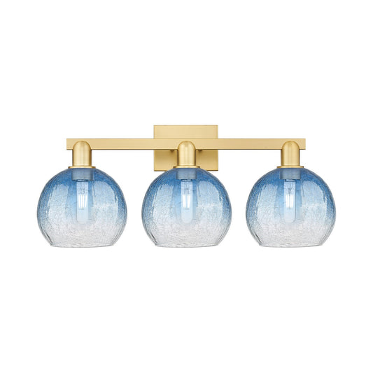 Innovations Brookhaven Globe 27in 3-Light Bath Vanity Light | Industrial Satin Gold Steel and Sapphire Blue Glass | Bathroom | Model 716-3W-SG-G483-8SB