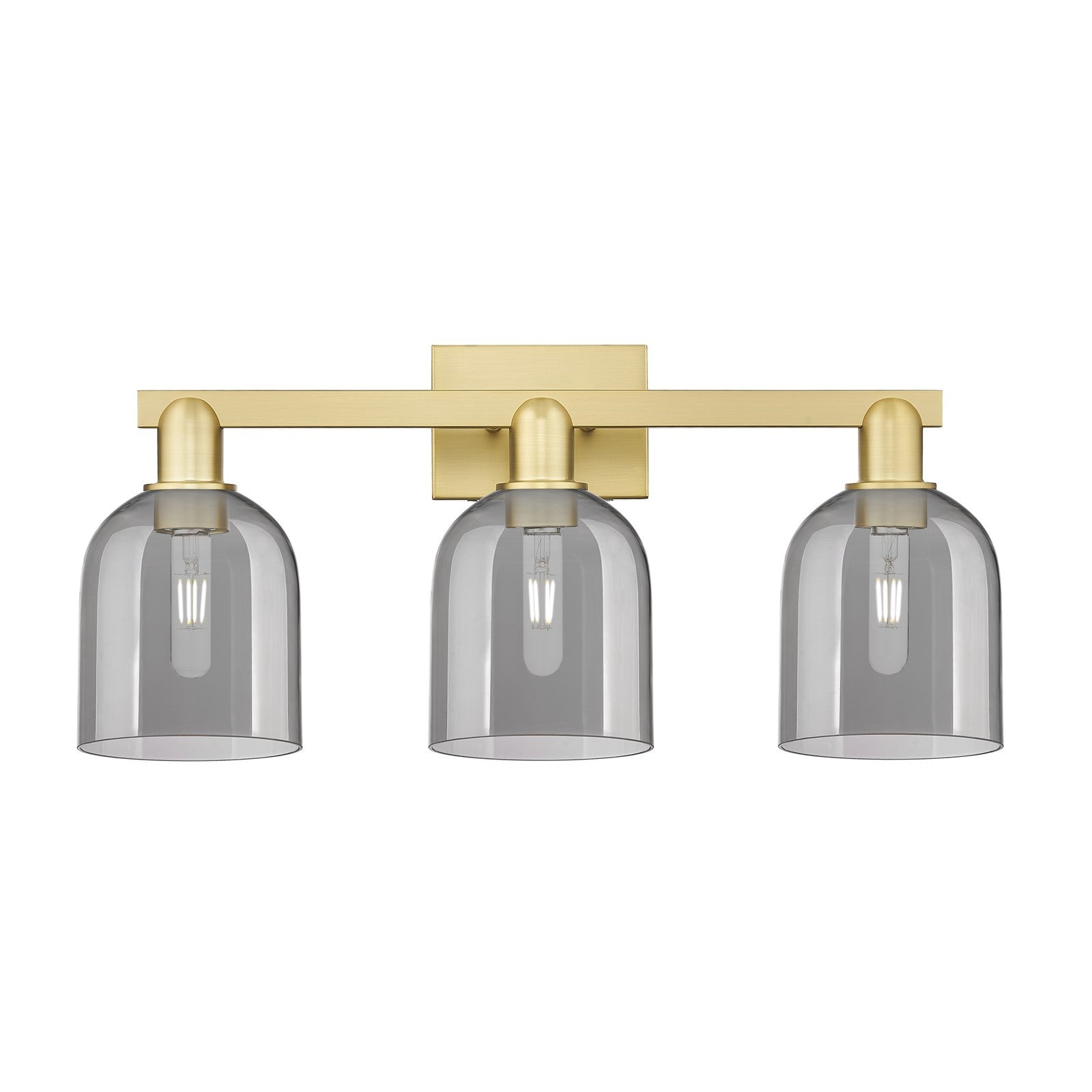 Innovations Bella 25in 3-Light Bath Vanity Light | Industrial Satin Gold Steel and Cast Brass with Light Smoke Bell Glass | Model 716-3W-SG-G558-6SM