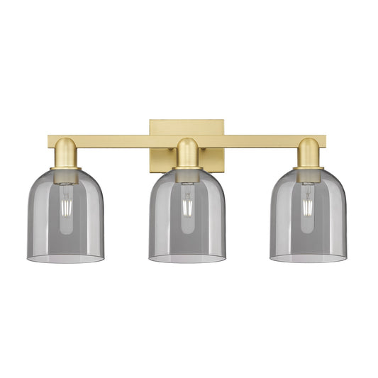 Innovations Bella 25in 3-Light Bath Vanity Light | Industrial Satin Gold Steel and Cast Brass with Light Smoke Bell Glass | Model 716-3W-SG-G558-6SM