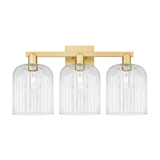 Innovations Bridal Veil 27in 3-Light Bath Vanity Light | Industrial Satin Gold Steel and Cast Brass with Clear Ribbed Glass | Model 716-3W-SG-G559-8CL
