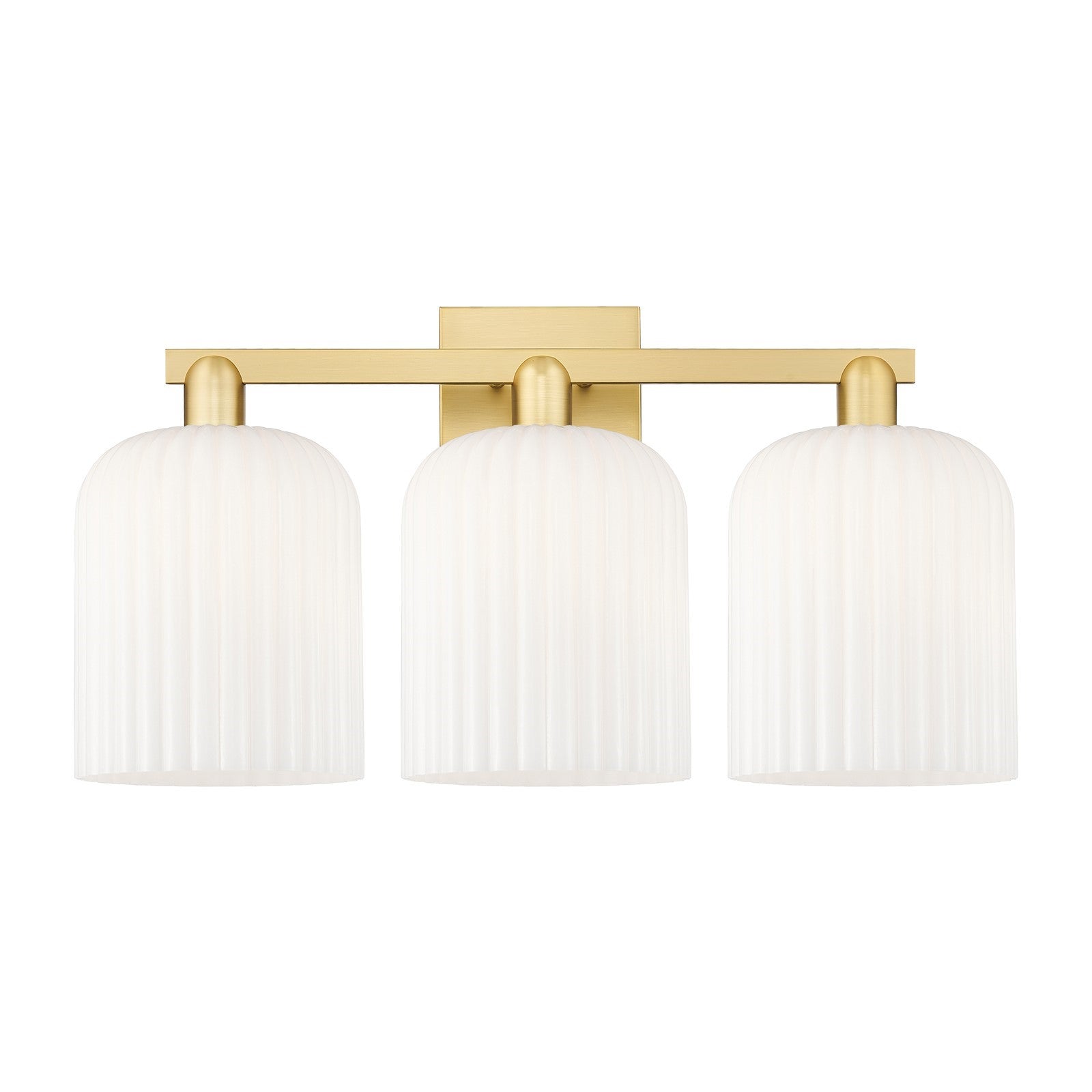 Innovations Bridal Veil 27in 3-Light Bath Vanity | Satin Gold Steel and Cast Brass with Gloss White Ribbed Glass Shades | Model 716-3W-SG-G559-8GWH