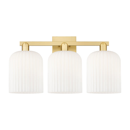 Innovations Bridal Veil 27in 3-Light Bath Vanity | Satin Gold Steel and Cast Brass with Gloss White Ribbed Glass Shades | Model 716-3W-SG-G559-8GWH