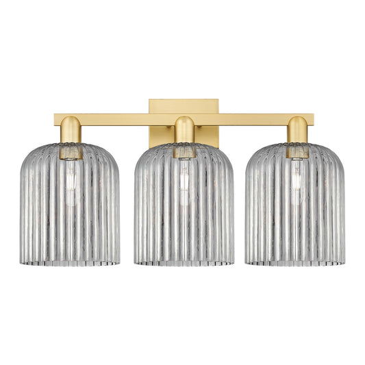 Innovations Bridal Veil 27in 3-Light Bath Vanity Light | Industrial Satin Gold Steel and Cast Brass with Light Smoke Ribbed | Model 716-3W-SG-G559-8SM