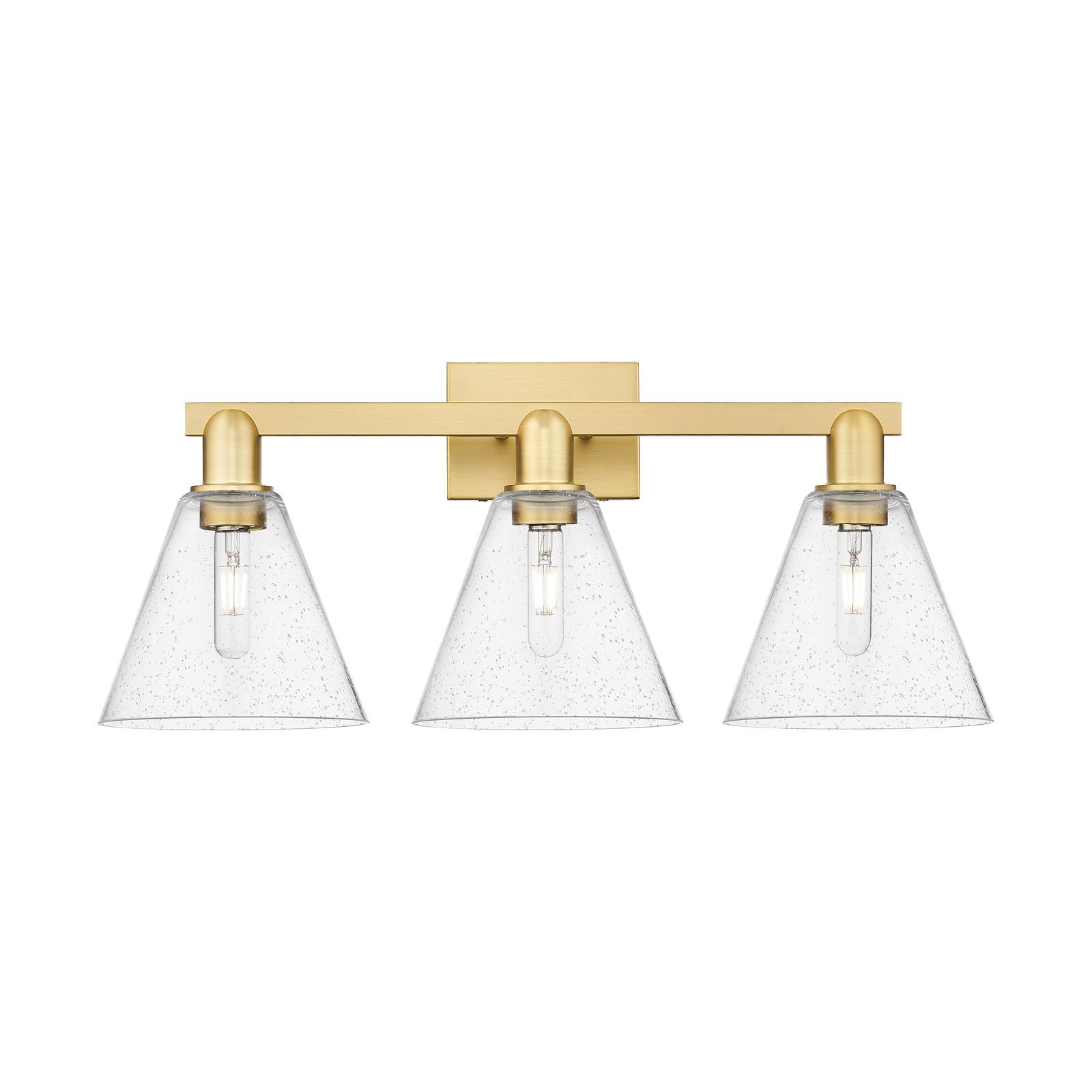 Innovations Berkshire 26in 3-Light Bath Vanity | Industrial Satin Gold Steel and Cast Brass with Seedy Glass Shades | Bathroom | Model 716-3W-SG-GBC-84