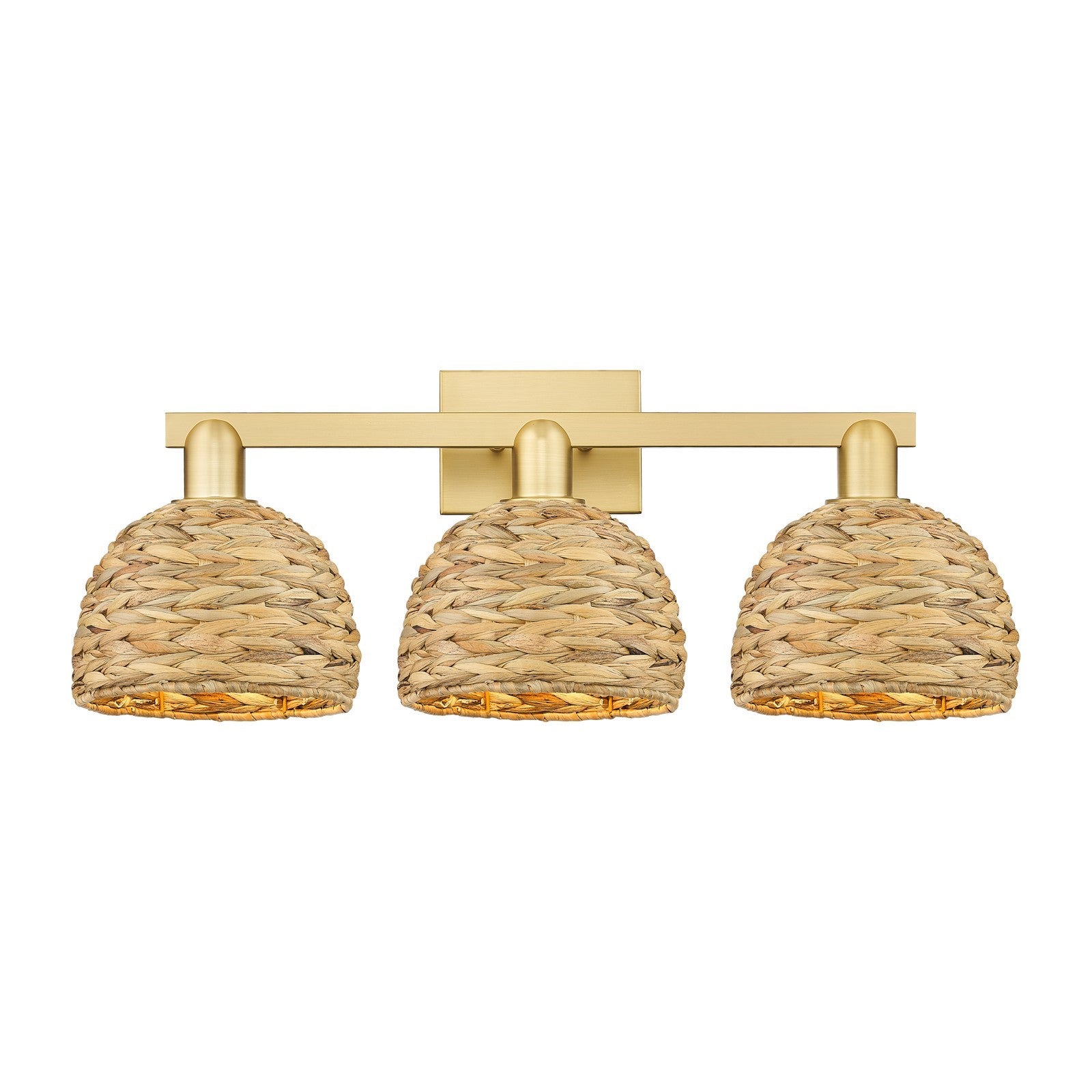 Innovations Woven Rattan 27in 3-Light Bath Vanity | Industrial Satin Gold Steel and Natural Fiber Shade | Bathroom Vanity | 27 | Model 716-3W-SG-RBD-8-NAT
