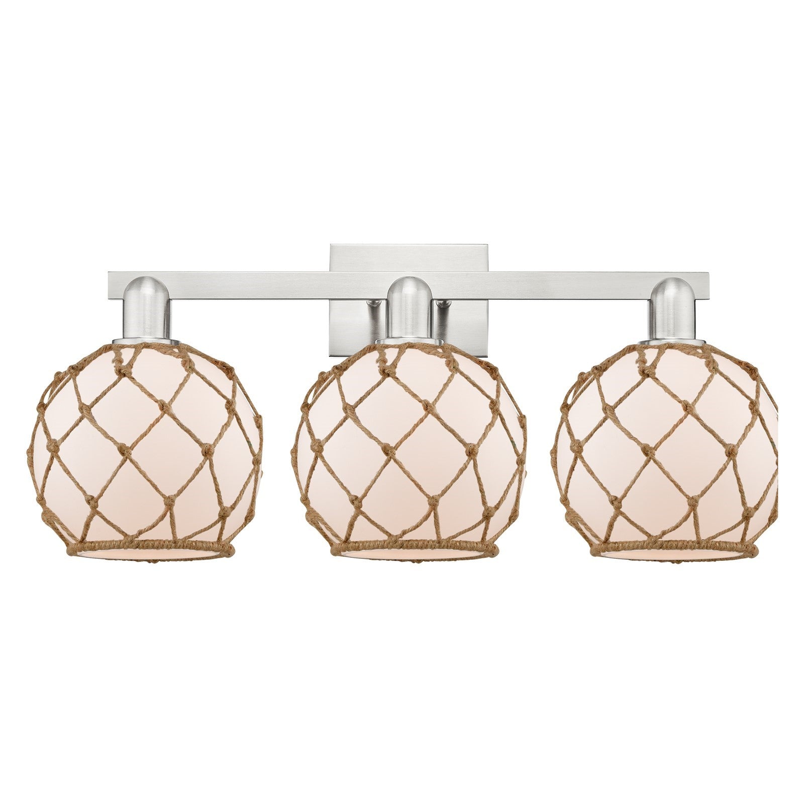 Innovations Farmhouse Rope 27in 3-Light Bath Vanity Light | Industrial Brushed Satin Nickel and White Glass with Brown Rope | Model 716-3W-SN-G121-8RB