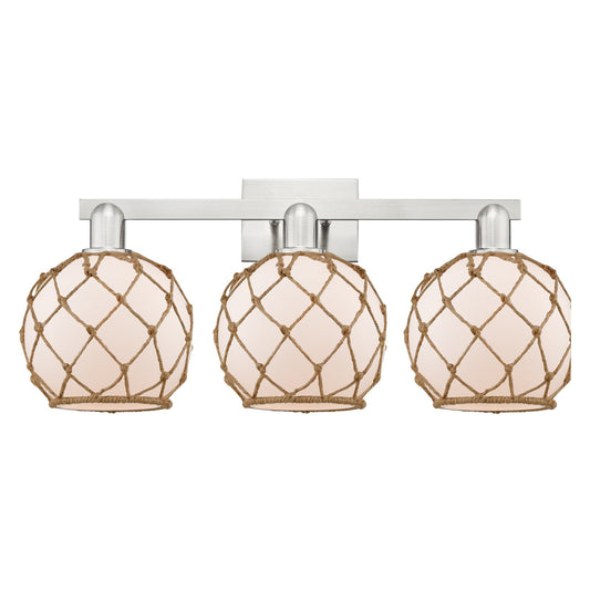 Innovations Farmhouse Rope 27in 3-Light Bath Vanity Light | Industrial Brushed Satin Nickel and White Glass with Brown Rope | Model 716-3W-SN-G121-8RB