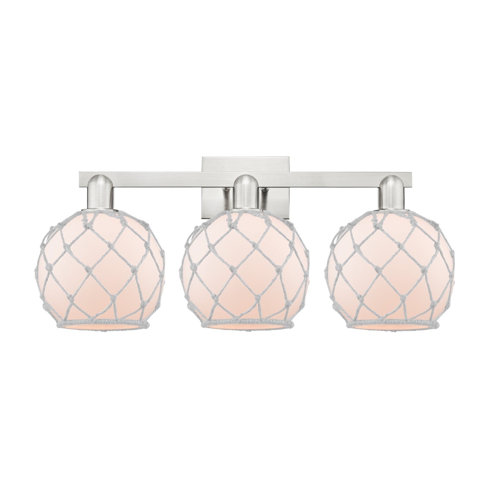 Innovations Farmhouse Rope 27in 3-Light Bath Vanity Light | Industrial Brushed Satin Nickel and White Frosted Glass with Rope | Model 716-3W-SN-G121-8RW