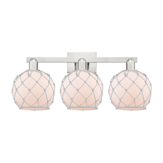 Innovations Farmhouse Rope 27in 3-Light Bath Vanity Light | Industrial Brushed Satin Nickel and White Frosted Glass with Rope | Model 716-3W-SN-G121-8RW