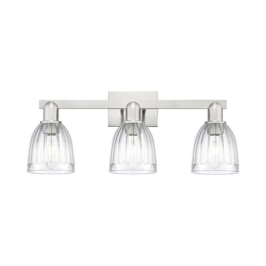 Innovations Brookfield 25in 3-Light Bath Vanity Light | Industrial Brushed Satin Nickel Steel and Clear Ribbed Glass | Bathroom | Model 716-3W-SN-G442