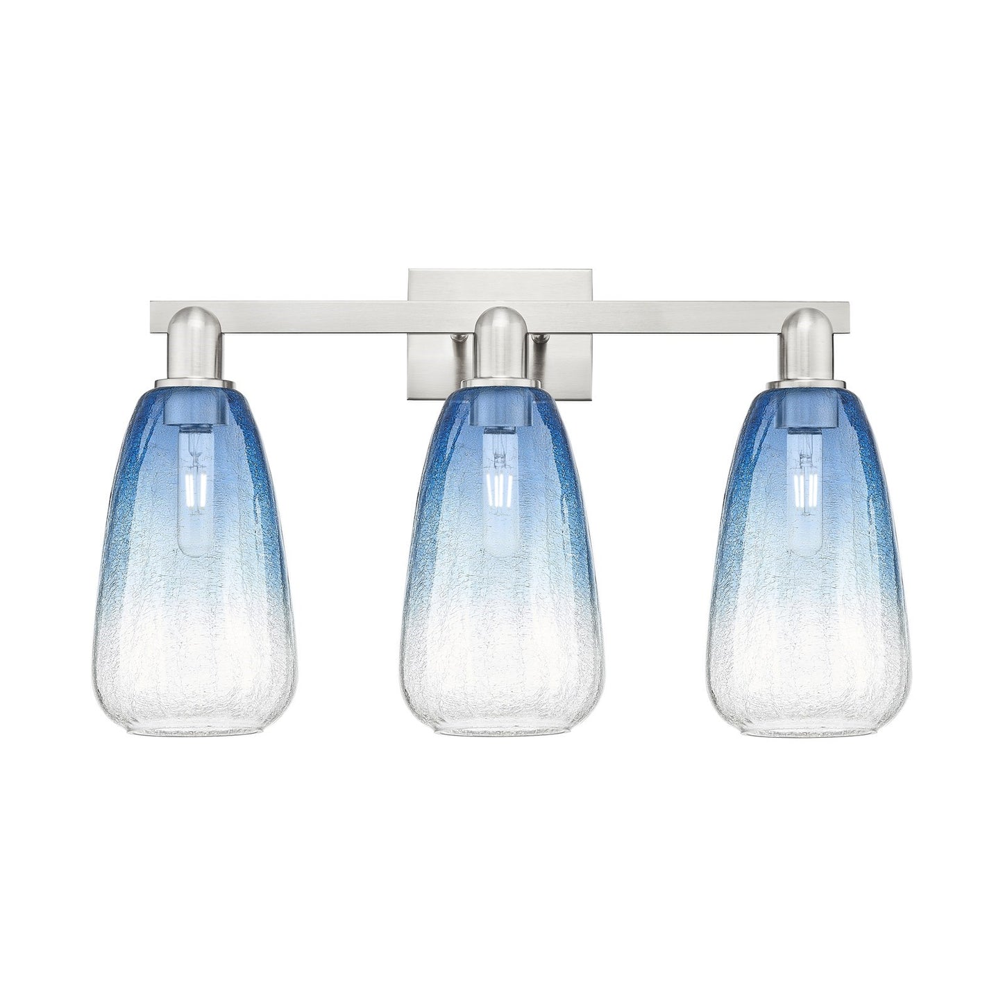 Innovations Brookhaven Almond 26in 3-Light Bath Vanity Light | Industrial Brushed Satin Nickel and Sapphire Blue Glass | Model 716-3W-SN-G480-6SB