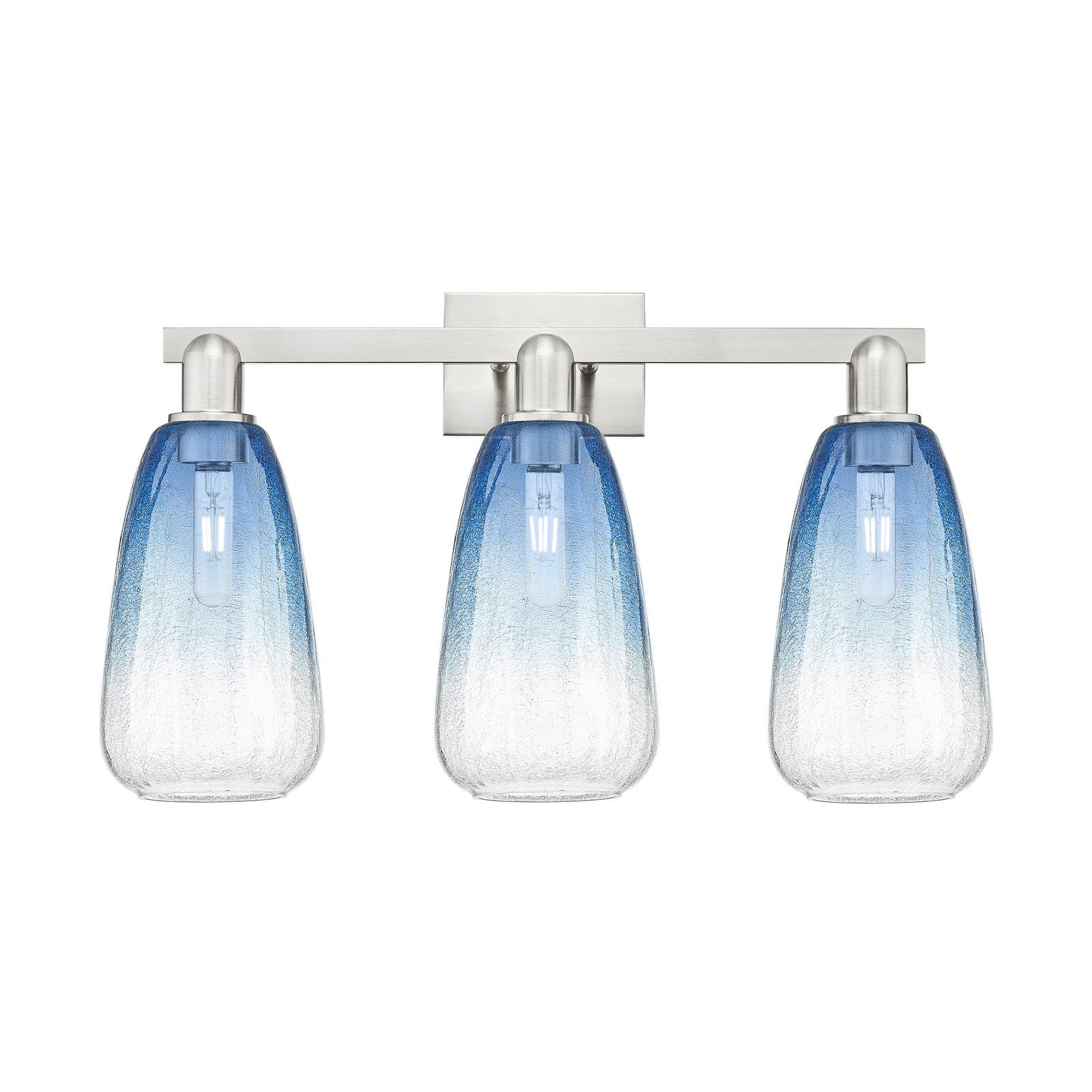 Innovations Brookhaven Almond 26in 3-Light Bath Vanity Light | Industrial Brushed Satin Nickel and Sapphire Blue Glass | Model 716-3W-SN-G480-6SB