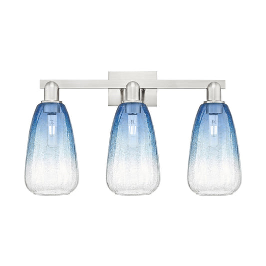 Innovations Brookhaven Almond 26in 3-Light Bath Vanity Light | Industrial Brushed Satin Nickel and Sapphire Blue Glass | Model 716-3W-SN-G480-6SB