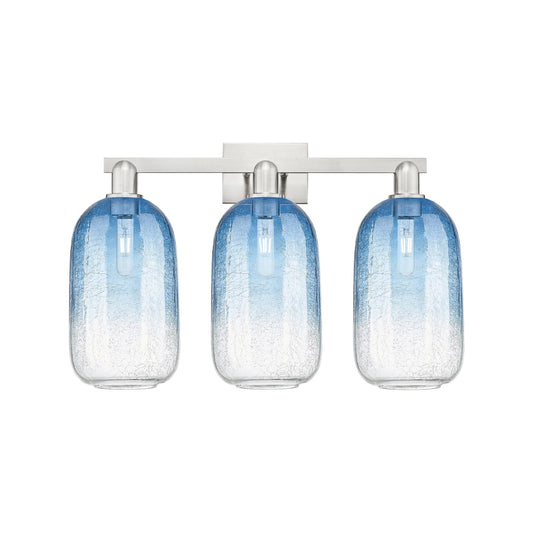 Innovations Brookhaven Cloche 26in 3-Light Bath Vanity Light | Industrial Brushed Satin Nickel and Sapphire Blue Glass | Model 716-3W-SN-G482-7SB