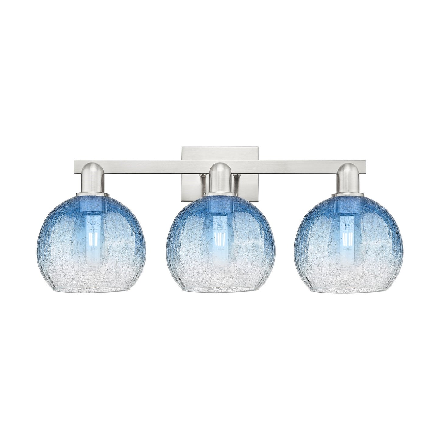 Innovations Brookhaven Globe 27in 3-Light Bath Vanity Light | Industrial Brushed Satin Nickel and Sapphire Blue Glass | Model 716-3W-SN-G483-8SB